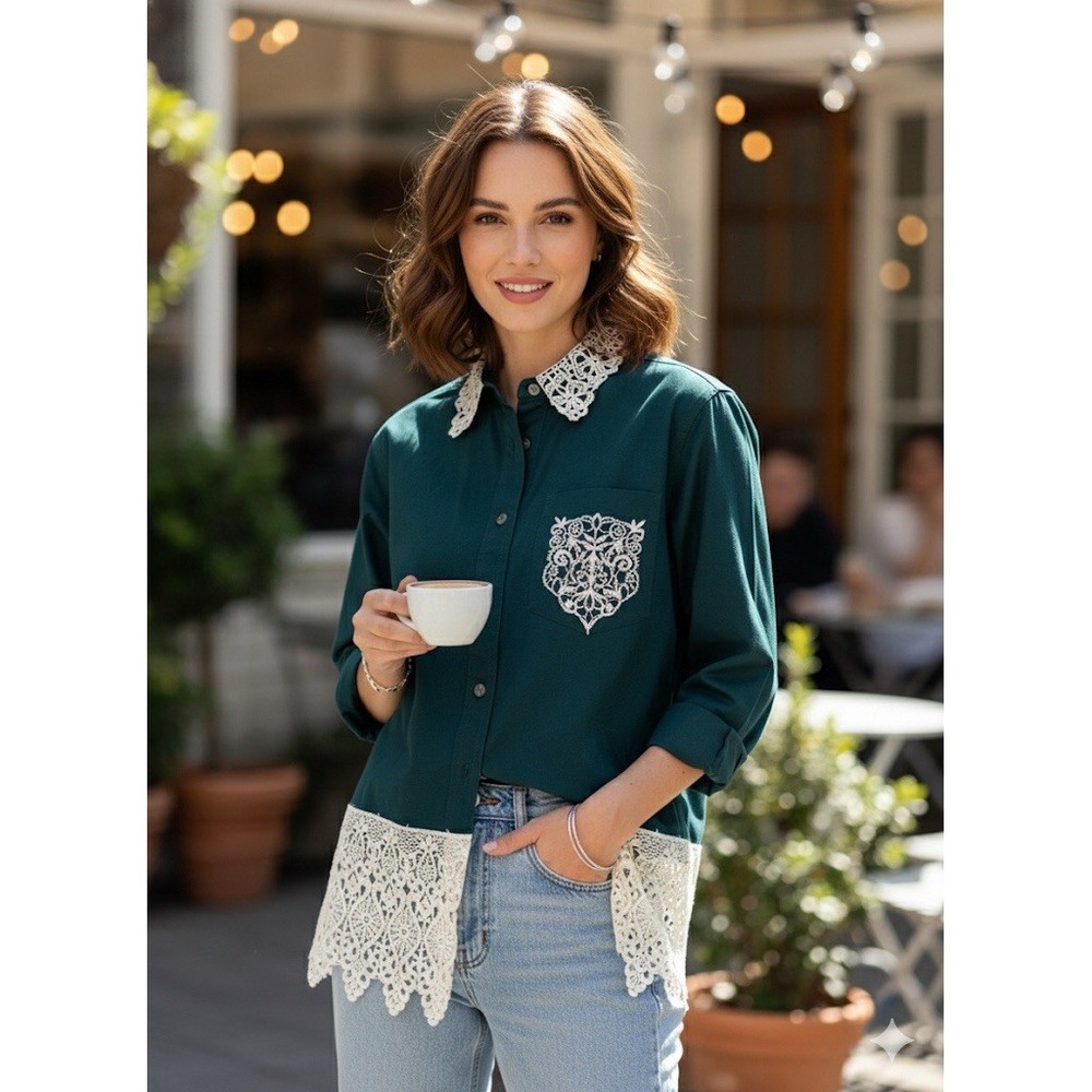 PTNY Deep Emerald Green Cotton Shirt Lace‎ Appliqué Western Blouse Sz M